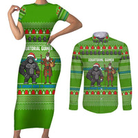 Equatorial Guinea Christmas Couples Matching Short Sleeve Bodycon Dress and Long Sleeve Button Shirt with Santa Gorilla Gift Basket and Green Holiday Pattern Design - Wonder Print Shop