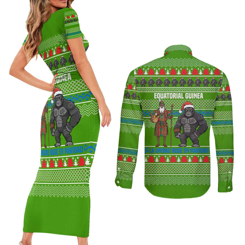 Equatorial Guinea Christmas Couples Matching Short Sleeve Bodycon Dress and Long Sleeve Button Shirt with Santa Gorilla Gift Basket and Green Holiday Pattern Design - Wonder Print Shop