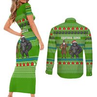 Equatorial Guinea Christmas Couples Matching Short Sleeve Bodycon Dress and Long Sleeve Button Shirt with Santa Gorilla Gift Basket and Green Holiday Pattern Design - Wonder Print Shop