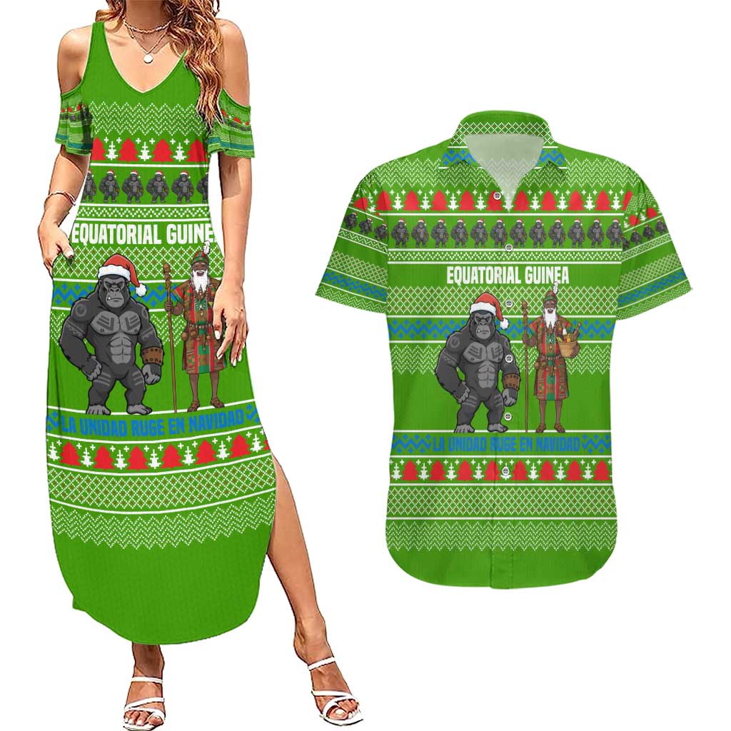 Equatorial Guinea Christmas Couples Matching Summer Maxi Dress and Hawaiian Shirt with Santa Gorilla Gift Basket and Green Holiday Pattern Design - Wonder Print Shop
