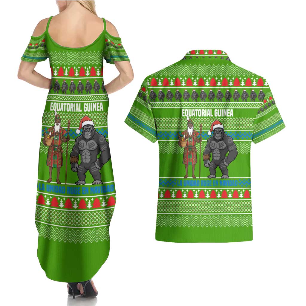 Equatorial Guinea Christmas Couples Matching Summer Maxi Dress and Hawaiian Shirt with Santa Gorilla Gift Basket and Green Holiday Pattern Design - Wonder Print Shop