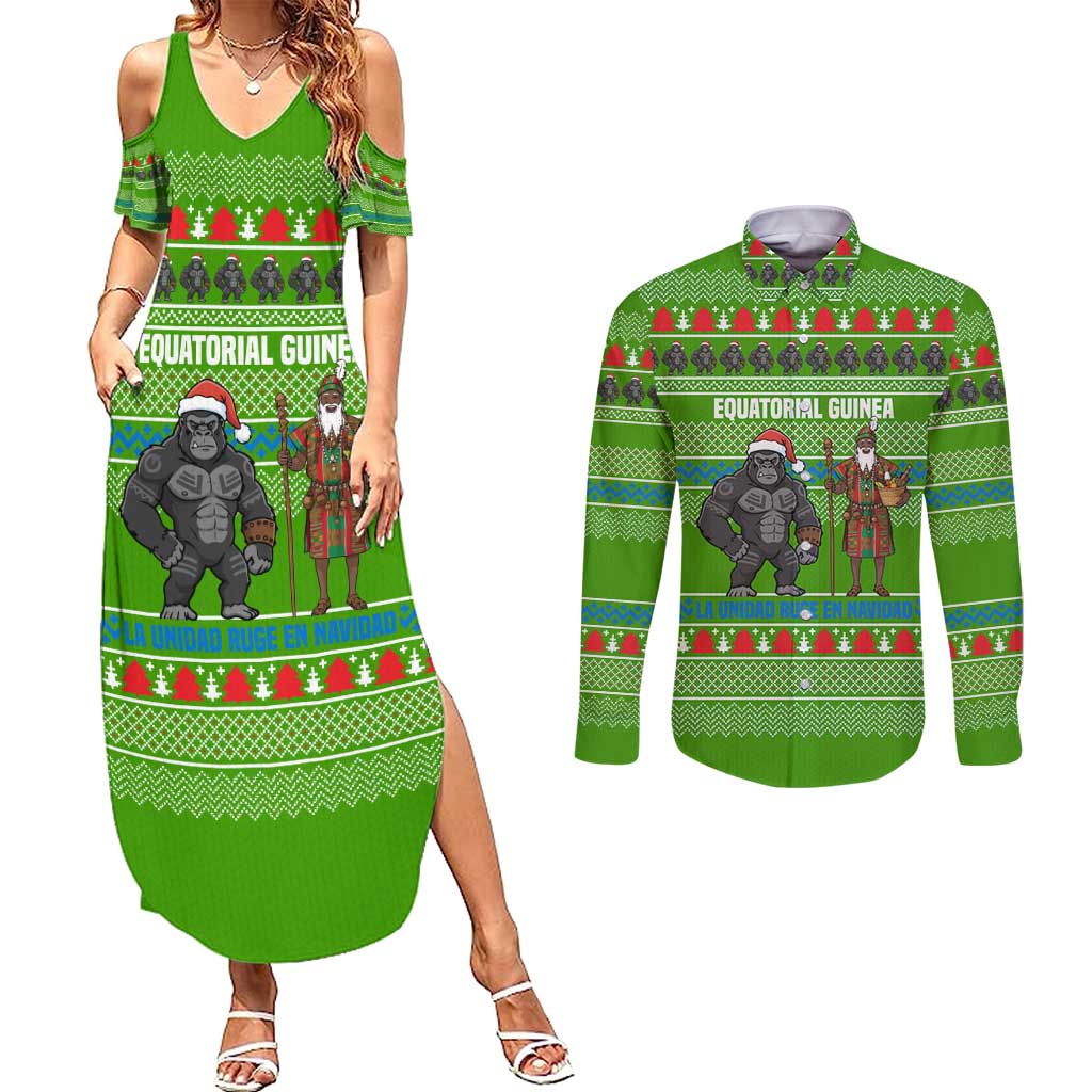 Equatorial Guinea Christmas Couples Matching Summer Maxi Dress and Long Sleeve Button Shirt with Santa Gorilla Gift Basket and Green Holiday Pattern Design - Wonder Print Shop