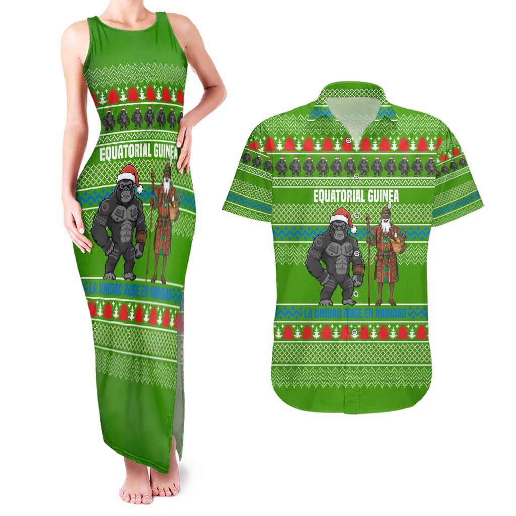 Equatorial Guinea Christmas Couples Matching Tank Maxi Dress and Hawaiian Shirt with Santa Gorilla Gift Basket and Green Holiday Pattern Design - Wonder Print Shop