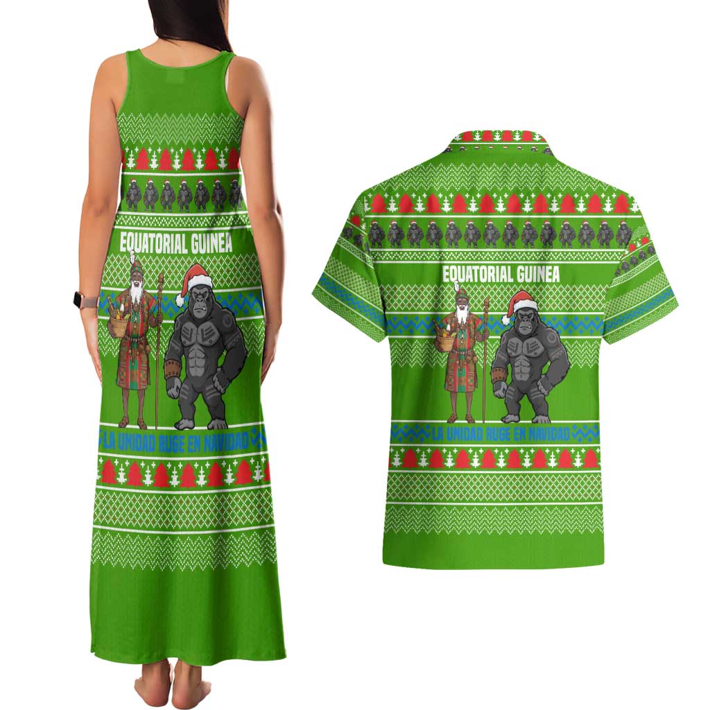 Equatorial Guinea Christmas Couples Matching Tank Maxi Dress and Hawaiian Shirt with Santa Gorilla Gift Basket and Green Holiday Pattern Design - Wonder Print Shop