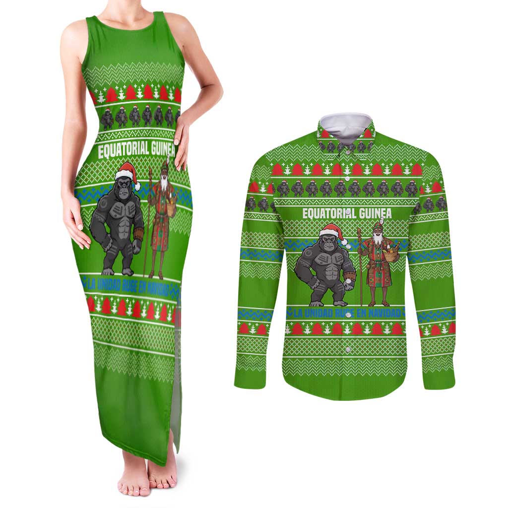 Equatorial Guinea Christmas Couples Matching Tank Maxi Dress and Long Sleeve Button Shirt with Santa Gorilla Gift Basket and Green Holiday Pattern Design - Wonder Print Shop