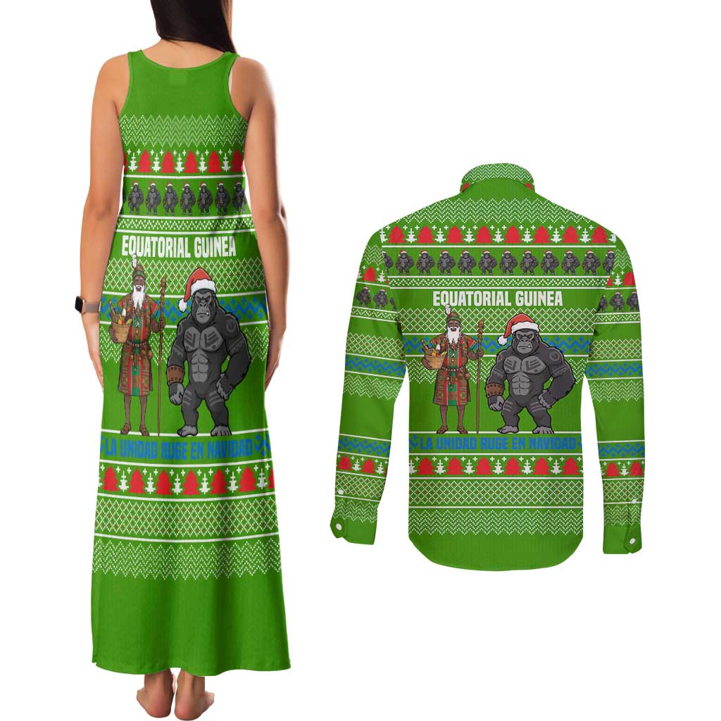 Equatorial Guinea Christmas Couples Matching Tank Maxi Dress and Long Sleeve Button Shirt with Santa Gorilla Gift Basket and Green Holiday Pattern Design - Wonder Print Shop