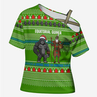 Equatorial Guinea Christmas Cross Shoulder Shirt with Santa Gorilla Gift Basket and Green Holiday Pattern Design - Wonder Print Shop