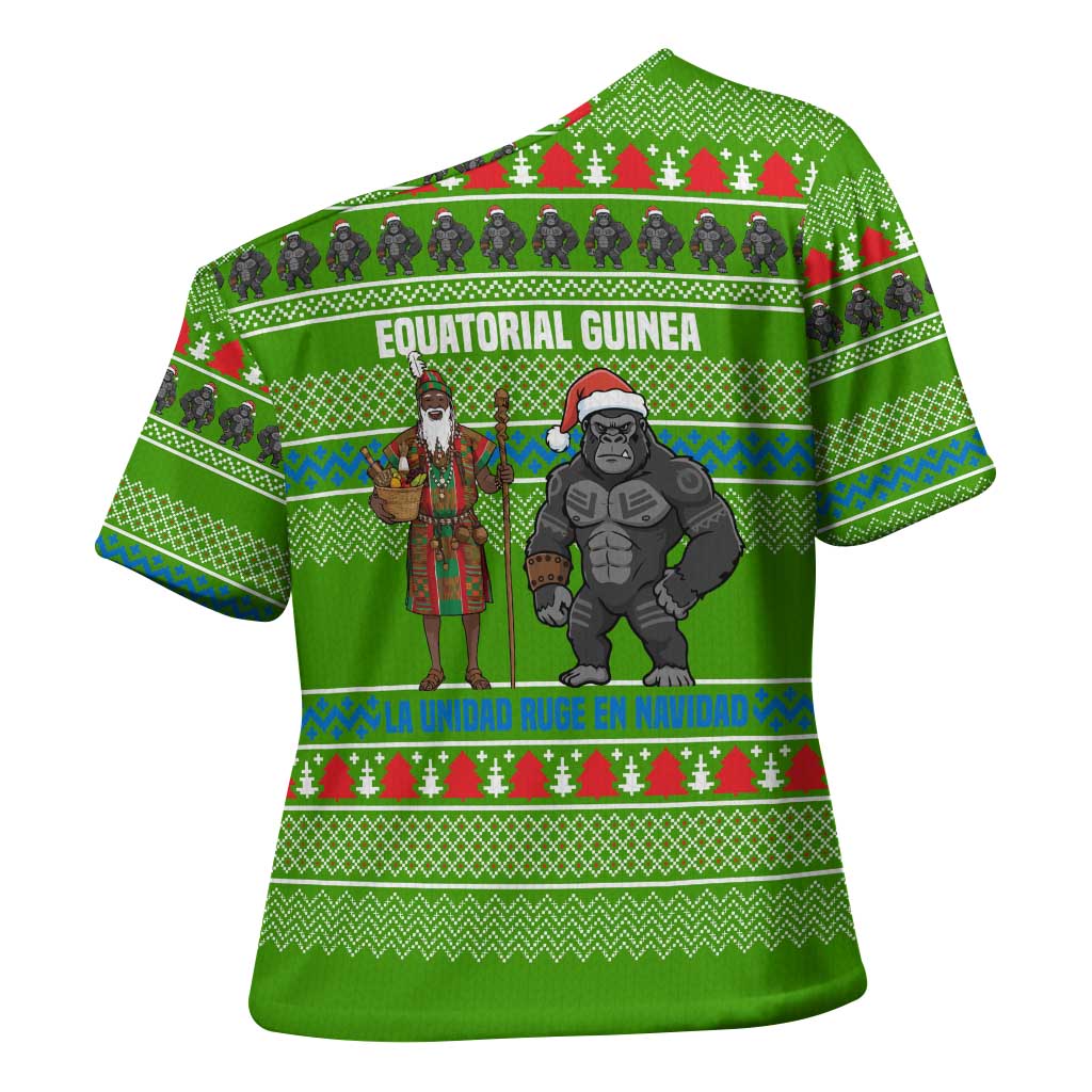 Equatorial Guinea Christmas Cross Shoulder Shirt with Santa Gorilla Gift Basket and Green Holiday Pattern Design - Wonder Print Shop