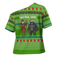 Equatorial Guinea Christmas Cross Shoulder Shirt with Santa Gorilla Gift Basket and Green Holiday Pattern Design - Wonder Print Shop