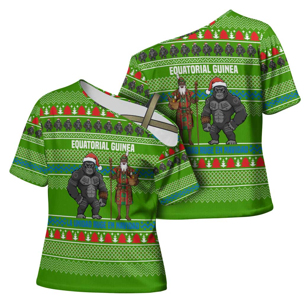 Equatorial Guinea Christmas Cross Shoulder Shirt with Santa Gorilla Gift Basket and Green Holiday Pattern Design - Wonder Print Shop