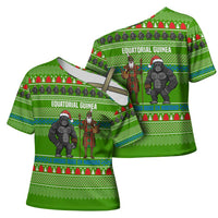 Equatorial Guinea Christmas Cross Shoulder Shirt with Santa Gorilla Gift Basket and Green Holiday Pattern Design - Wonder Print Shop