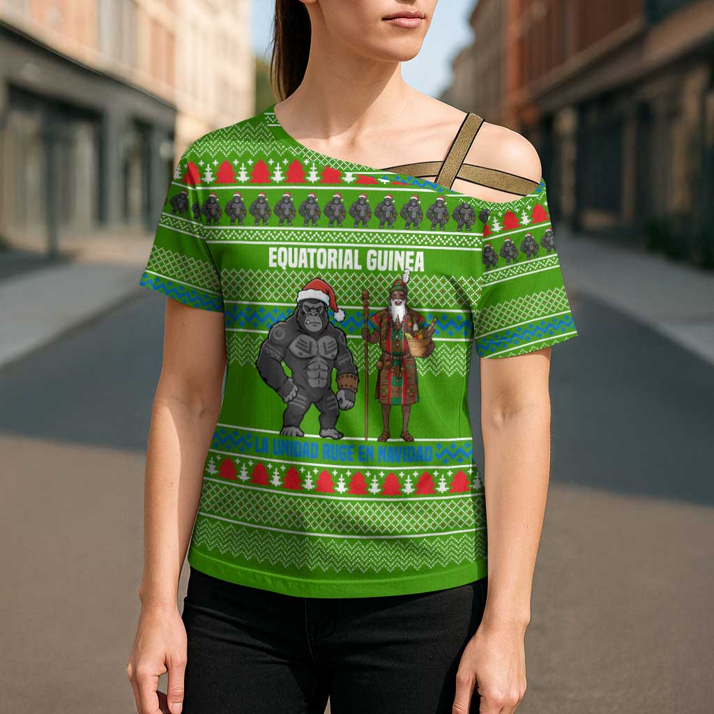 Equatorial Guinea Christmas Cross Shoulder Shirt with Santa Gorilla Gift Basket and Green Holiday Pattern Design - Wonder Print Shop