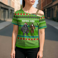Equatorial Guinea Christmas Cross Shoulder Shirt with Santa Gorilla Gift Basket and Green Holiday Pattern Design - Wonder Print Shop