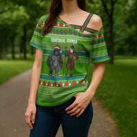 Equatorial Guinea Christmas Cross Shoulder Shirt with Santa Gorilla Gift Basket and Green Holiday Pattern Design - Wonder Print Shop