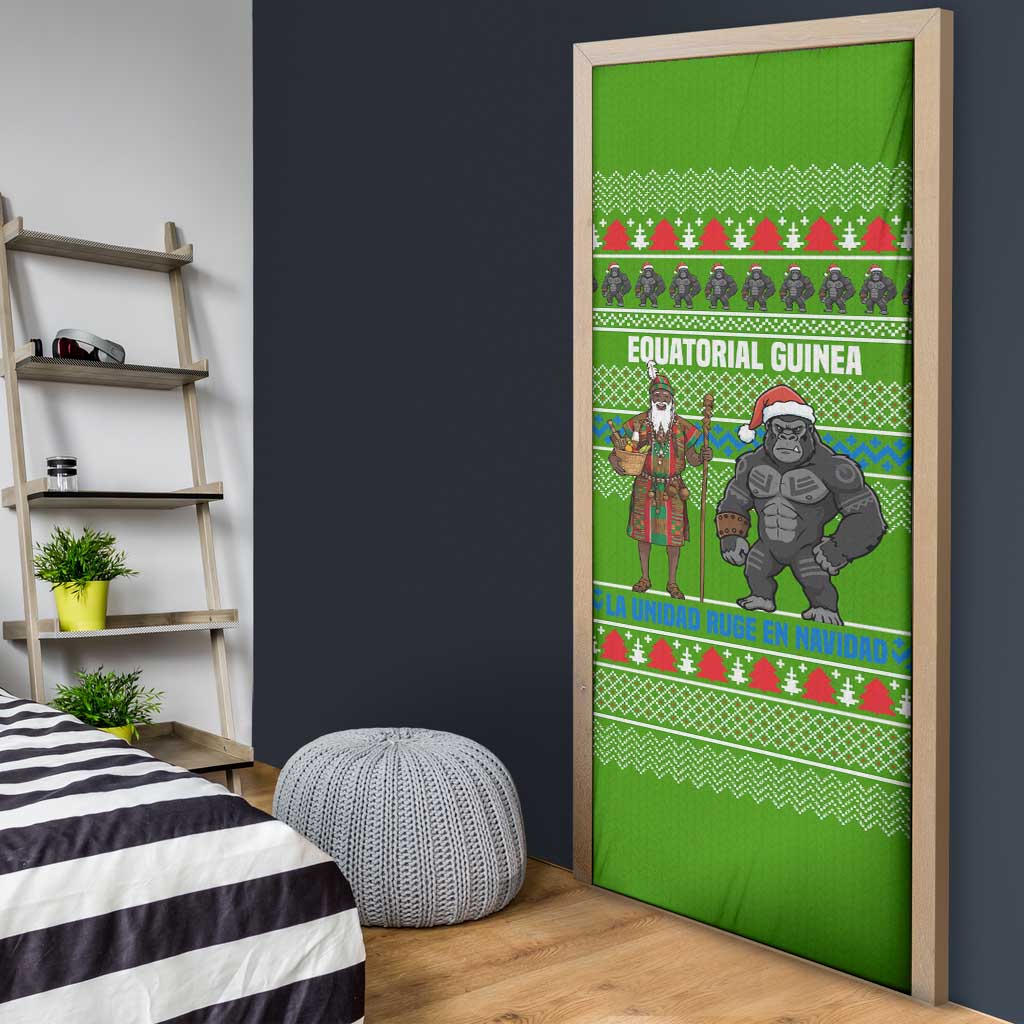 Equatorial Guinea Christmas Door Cover with Santa Gorilla Gift Basket and Green Holiday Pattern Design - Wonder Print Shop