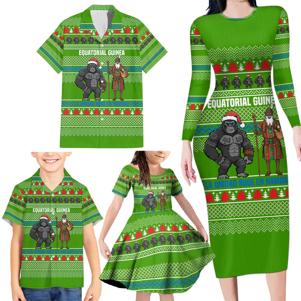 Equatorial Guinea Christmas Family Matching Long Sleeve Bodycon Dress and Hawaiian Shirt with Santa Gorilla Gift Basket and Green Holiday Pattern Design - Wonder Print Shop