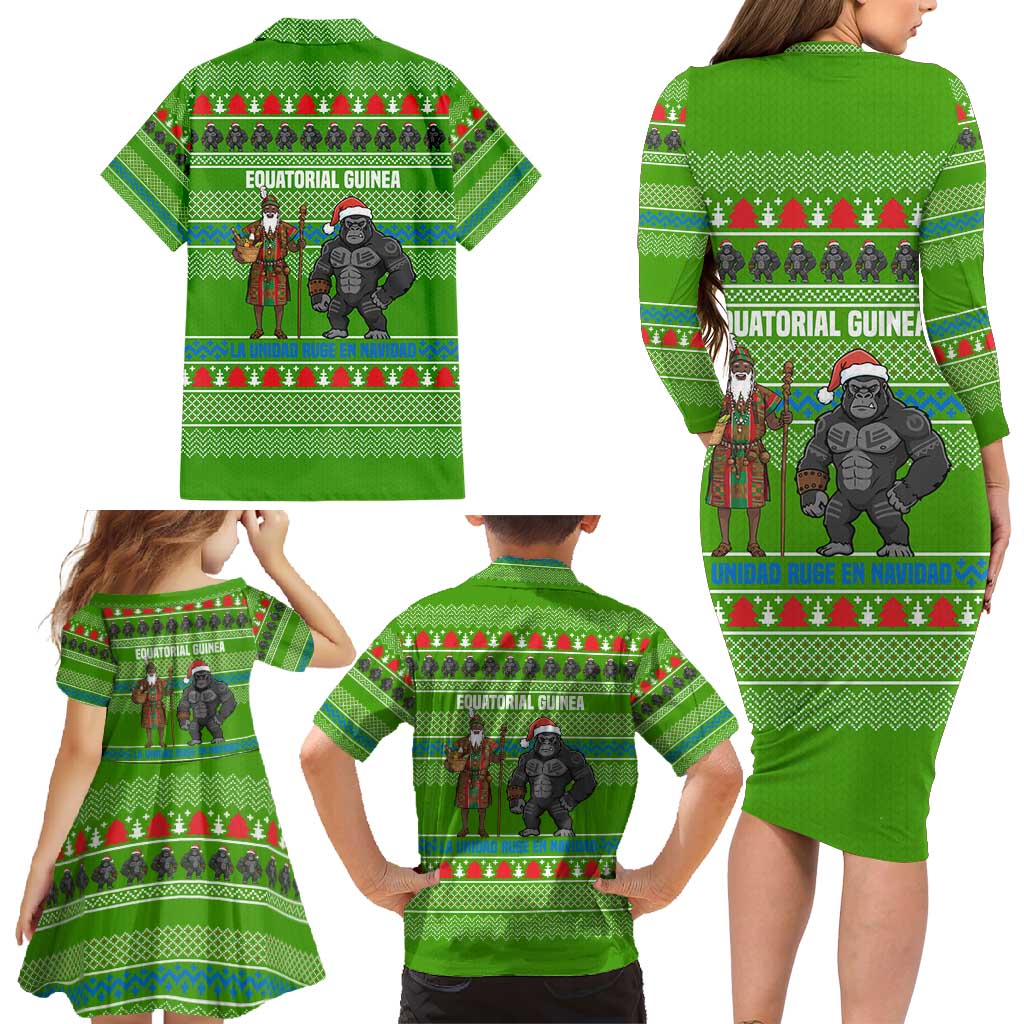 Equatorial Guinea Christmas Family Matching Long Sleeve Bodycon Dress and Hawaiian Shirt with Santa Gorilla Gift Basket and Green Holiday Pattern Design - Wonder Print Shop