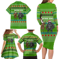 Equatorial Guinea Christmas Family Matching Long Sleeve Bodycon Dress and Hawaiian Shirt with Santa Gorilla Gift Basket and Green Holiday Pattern Design - Wonder Print Shop