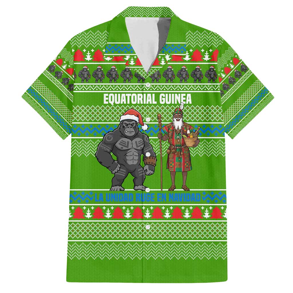 Equatorial Guinea Christmas Family Matching Long Sleeve Bodycon Dress and Hawaiian Shirt with Santa Gorilla Gift Basket and Green Holiday Pattern Design - Wonder Print Shop