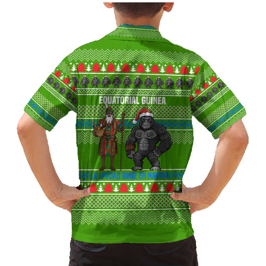 Equatorial Guinea Christmas Family Matching Mermaid Dress and Hawaiian Shirt with Santa Gorilla Gift Basket and Green Holiday Pattern Design - Wonder Print Shop