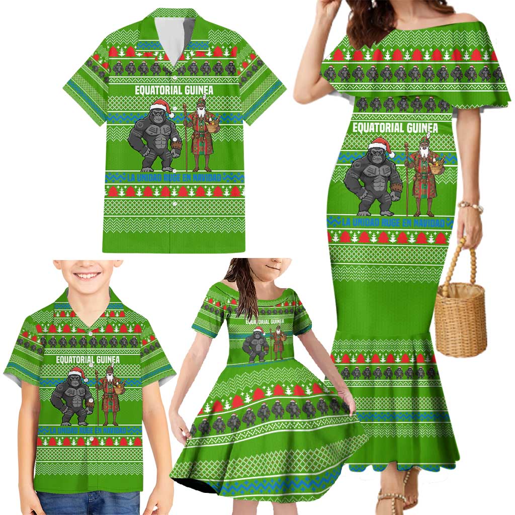 Equatorial Guinea Christmas Family Matching Mermaid Dress and Hawaiian Shirt with Santa Gorilla Gift Basket and Green Holiday Pattern Design - Wonder Print Shop