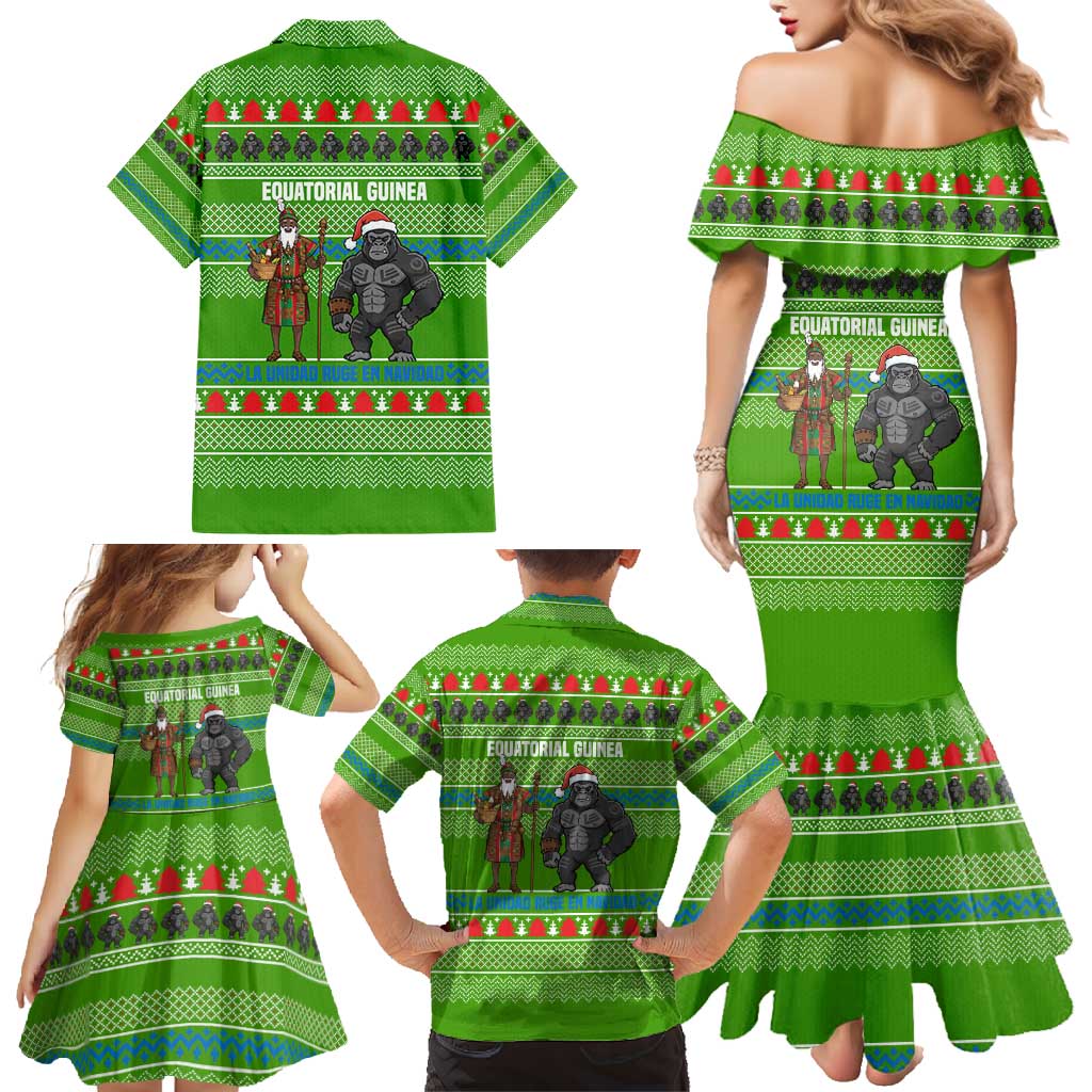 Equatorial Guinea Christmas Family Matching Mermaid Dress and Hawaiian Shirt with Santa Gorilla Gift Basket and Green Holiday Pattern Design - Wonder Print Shop