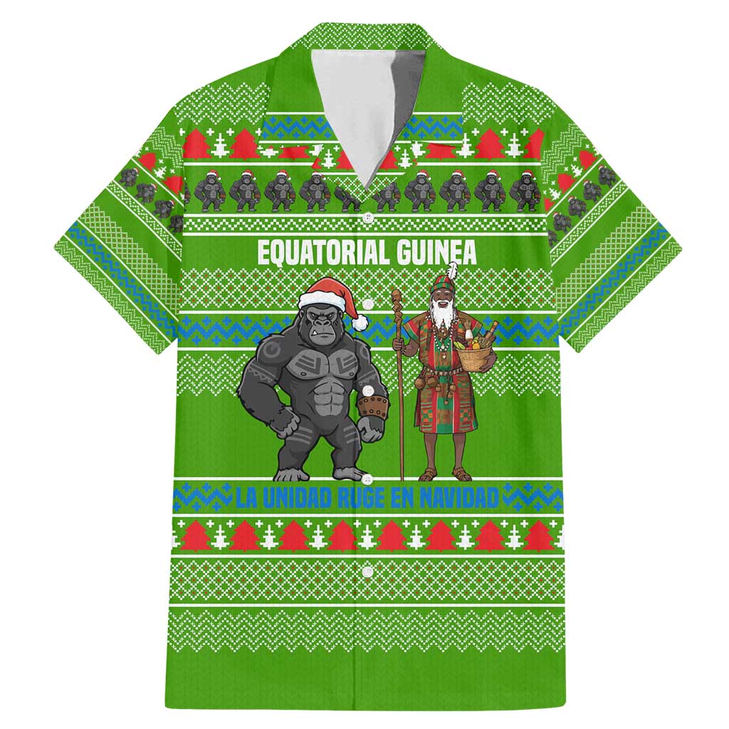 Equatorial Guinea Christmas Family Matching Mermaid Dress and Hawaiian Shirt with Santa Gorilla Gift Basket and Green Holiday Pattern Design - Wonder Print Shop