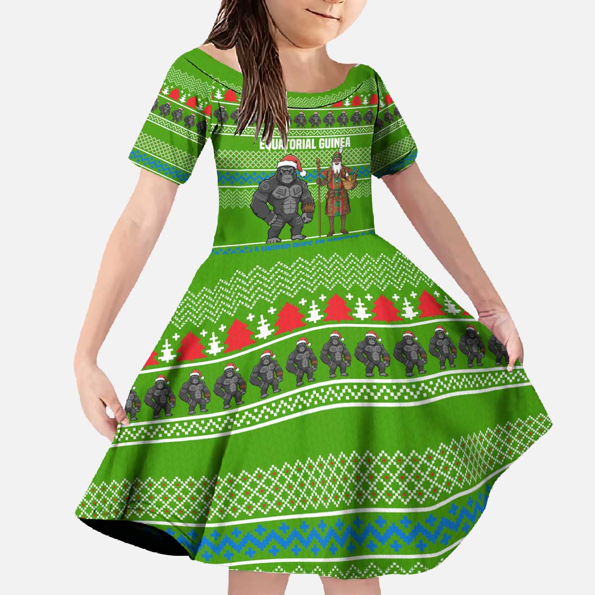 Equatorial Guinea Christmas Family Matching Off The Shoulder Long Sleeve Dress and Hawaiian Shirt with Santa Gorilla Gift Basket and Green Holiday Pattern Design - Wonder Print Shop