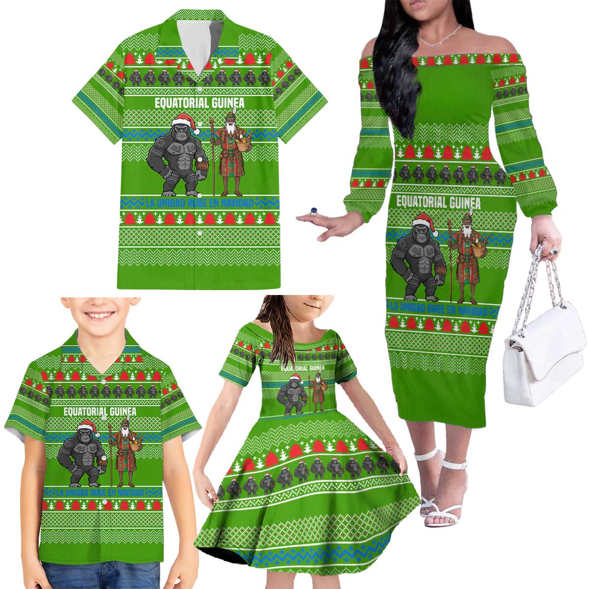 Equatorial Guinea Christmas Family Matching Off The Shoulder Long Sleeve Dress and Hawaiian Shirt with Santa Gorilla Gift Basket and Green Holiday Pattern Design - Wonder Print Shop