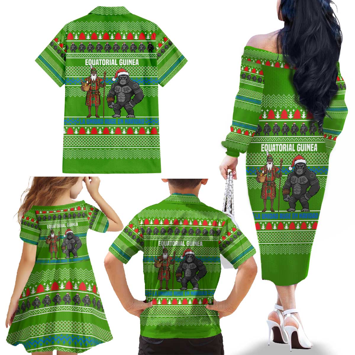 Equatorial Guinea Christmas Family Matching Off The Shoulder Long Sleeve Dress and Hawaiian Shirt with Santa Gorilla Gift Basket and Green Holiday Pattern Design - Wonder Print Shop