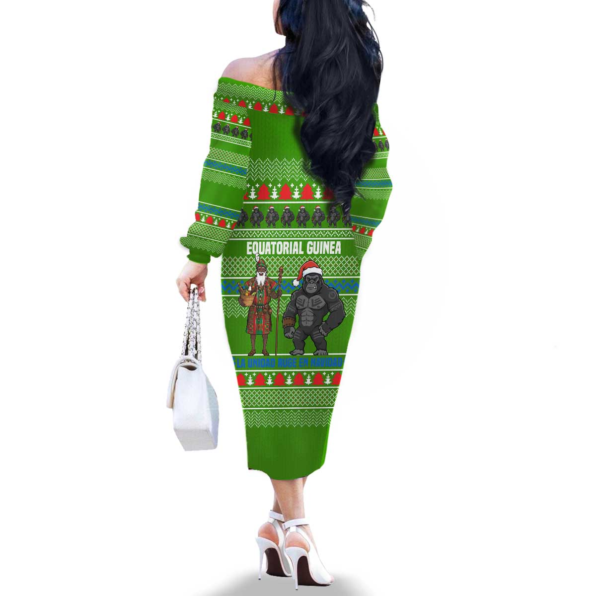 Equatorial Guinea Christmas Family Matching Off The Shoulder Long Sleeve Dress and Hawaiian Shirt with Santa Gorilla Gift Basket and Green Holiday Pattern Design - Wonder Print Shop