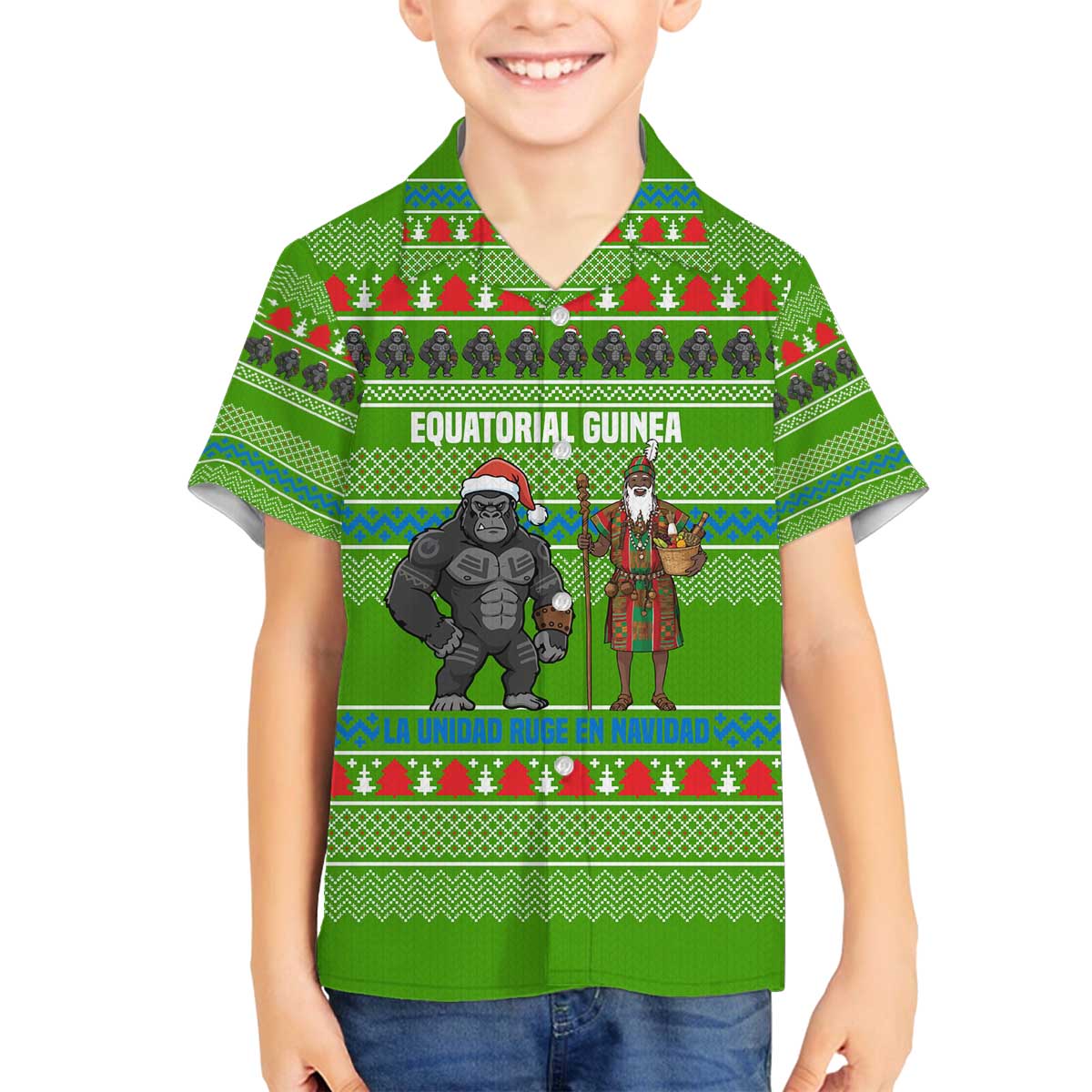 Equatorial Guinea Christmas Family Matching Off The Shoulder Long Sleeve Dress and Hawaiian Shirt with Santa Gorilla Gift Basket and Green Holiday Pattern Design - Wonder Print Shop