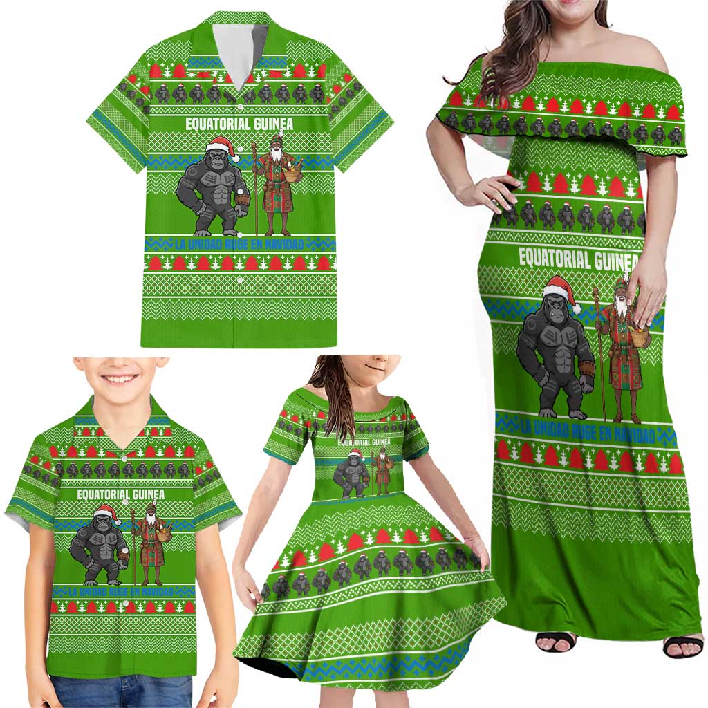 Equatorial Guinea Christmas Family Matching Off Shoulder Maxi Dress and Hawaiian Shirt with Santa Gorilla Gift Basket and Green Holiday Pattern Design - Wonder Print Shop
