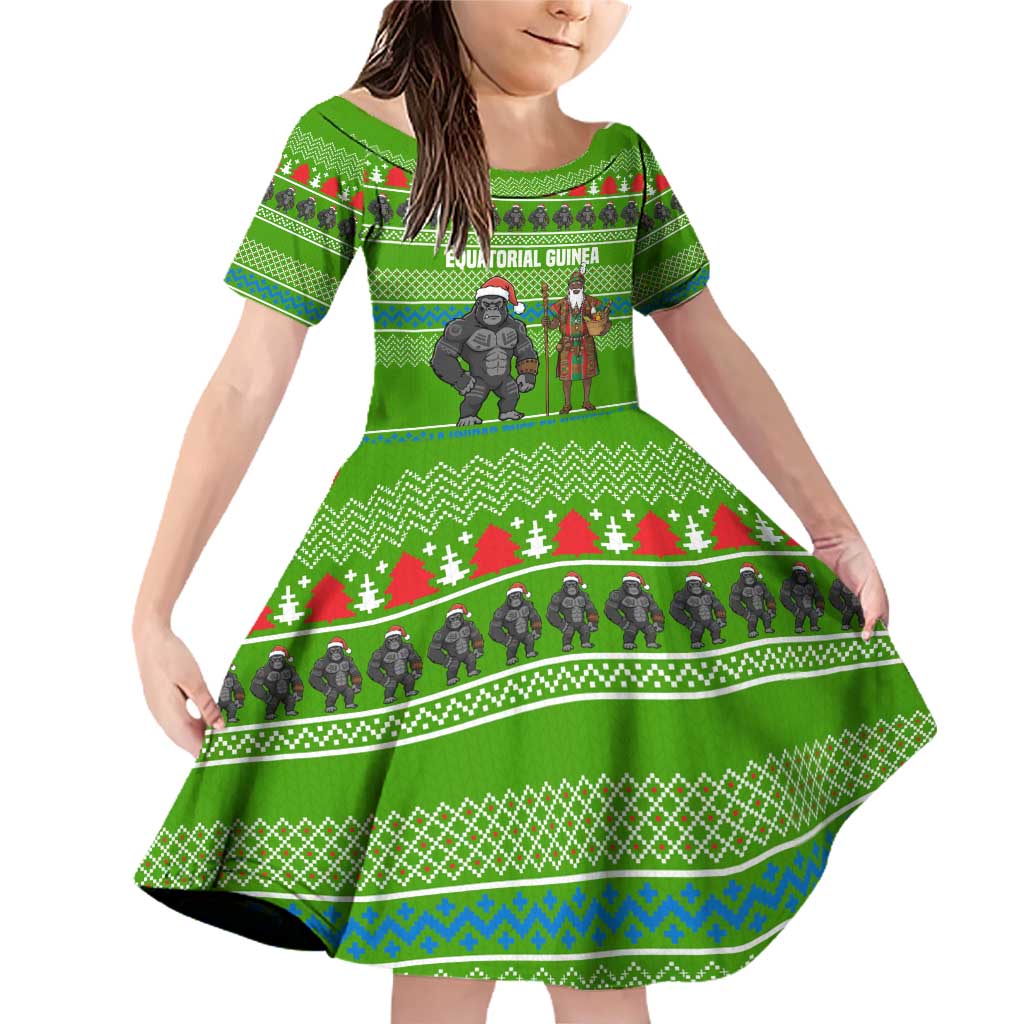 Equatorial Guinea Christmas Family Matching Off Shoulder Short Dress and Hawaiian Shirt with Santa Gorilla Gift Basket and Green Holiday Pattern Design - Wonder Print Shop