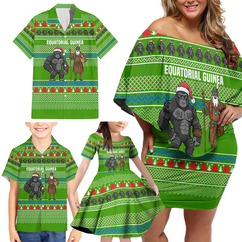 Equatorial Guinea Christmas Family Matching Off Shoulder Short Dress and Hawaiian Shirt with Santa Gorilla Gift Basket and Green Holiday Pattern Design - Wonder Print Shop