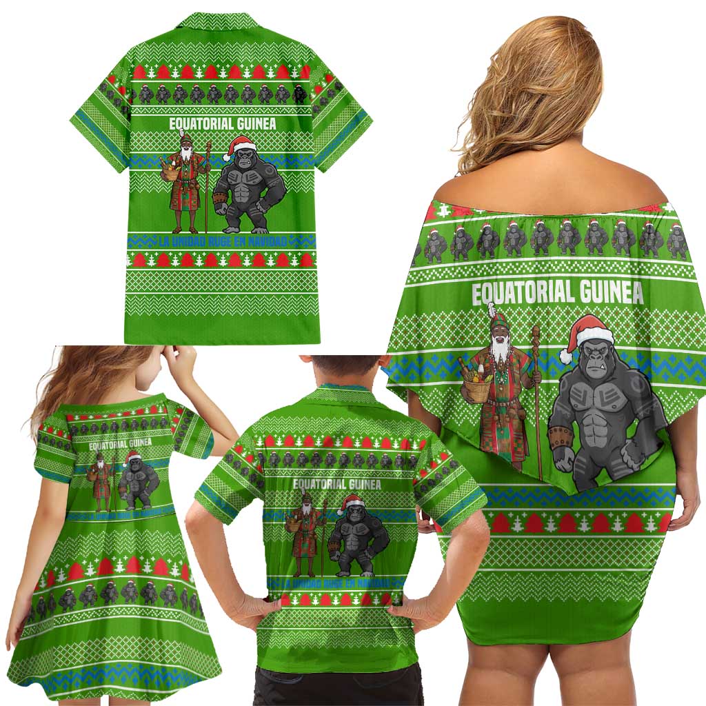 Equatorial Guinea Christmas Family Matching Off Shoulder Short Dress and Hawaiian Shirt with Santa Gorilla Gift Basket and Green Holiday Pattern Design - Wonder Print Shop