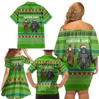Equatorial Guinea Christmas Family Matching Off Shoulder Short Dress and Hawaiian Shirt with Santa Gorilla Gift Basket and Green Holiday Pattern Design - Wonder Print Shop