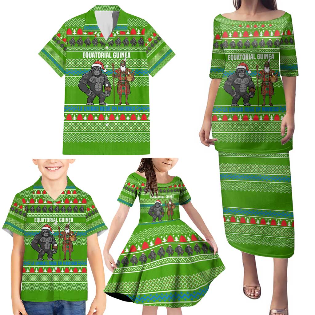 Equatorial Guinea Christmas Family Matching Puletasi and Hawaiian Shirt with Santa Gorilla Gift Basket and Green Holiday Pattern Design - Wonder Print Shop