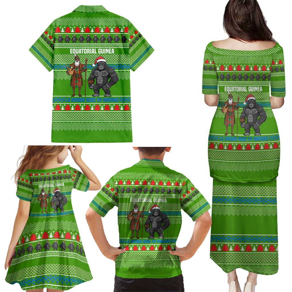 Equatorial Guinea Christmas Family Matching Puletasi and Hawaiian Shirt with Santa Gorilla Gift Basket and Green Holiday Pattern Design - Wonder Print Shop