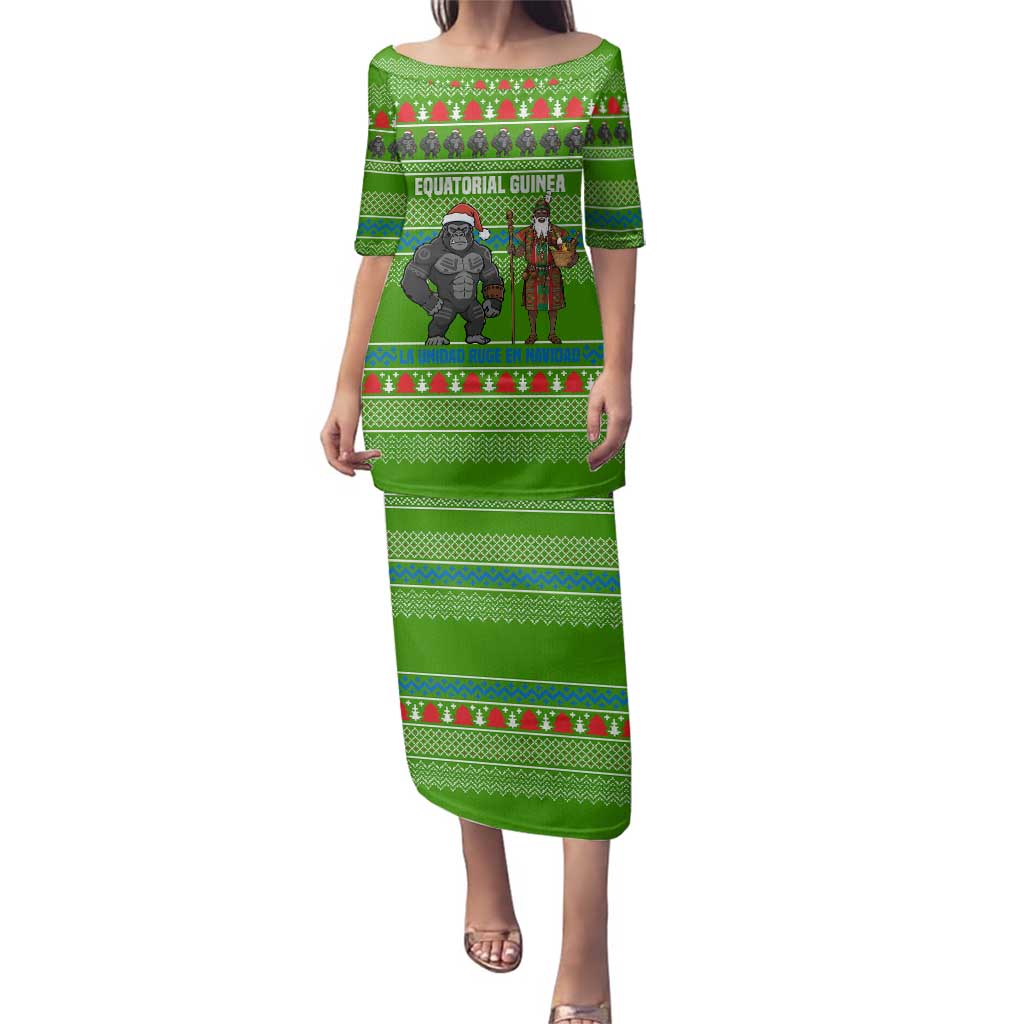 Equatorial Guinea Christmas Family Matching Puletasi and Hawaiian Shirt with Santa Gorilla Gift Basket and Green Holiday Pattern Design - Wonder Print Shop