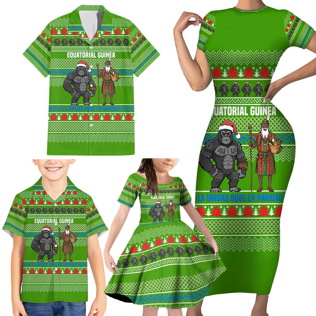 Equatorial Guinea Christmas Family Matching Short Sleeve Bodycon Dress and Hawaiian Shirt with Santa Gorilla Gift Basket and Green Holiday Pattern Design - Wonder Print Shop