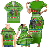 Equatorial Guinea Christmas Family Matching Short Sleeve Bodycon Dress and Hawaiian Shirt with Santa Gorilla Gift Basket and Green Holiday Pattern Design - Wonder Print Shop