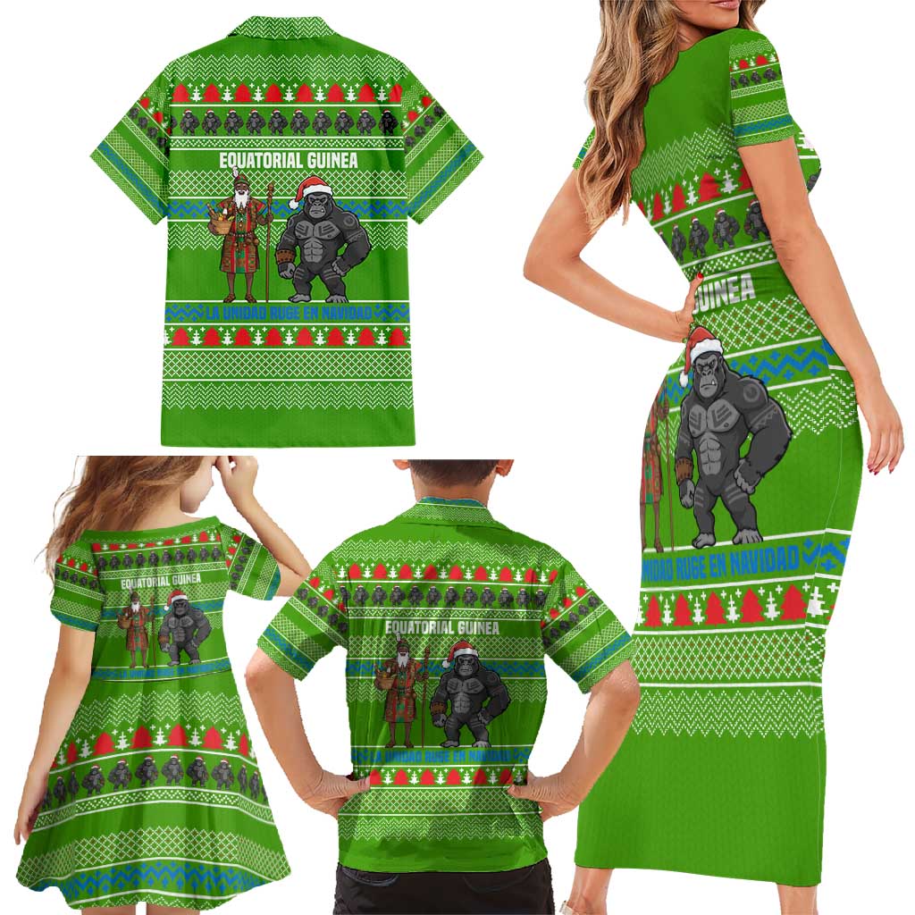 Equatorial Guinea Christmas Family Matching Short Sleeve Bodycon Dress and Hawaiian Shirt with Santa Gorilla Gift Basket and Green Holiday Pattern Design - Wonder Print Shop