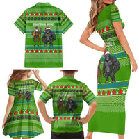 Equatorial Guinea Christmas Family Matching Short Sleeve Bodycon Dress and Hawaiian Shirt with Santa Gorilla Gift Basket and Green Holiday Pattern Design - Wonder Print Shop