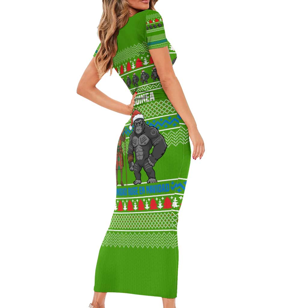 Equatorial Guinea Christmas Family Matching Short Sleeve Bodycon Dress and Hawaiian Shirt with Santa Gorilla Gift Basket and Green Holiday Pattern Design - Wonder Print Shop