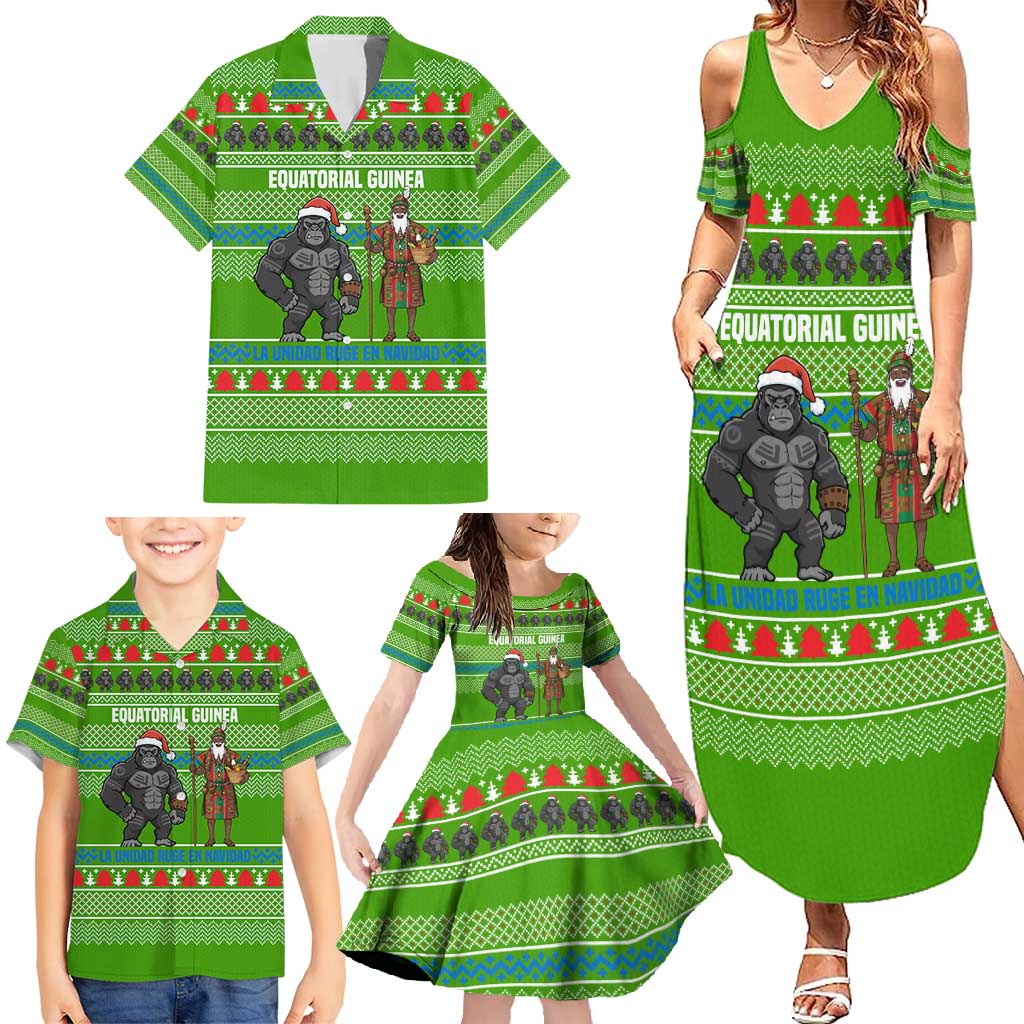 Equatorial Guinea Christmas Family Matching Summer Maxi Dress and Hawaiian Shirt with Santa Gorilla Gift Basket and Green Holiday Pattern Design - Wonder Print Shop