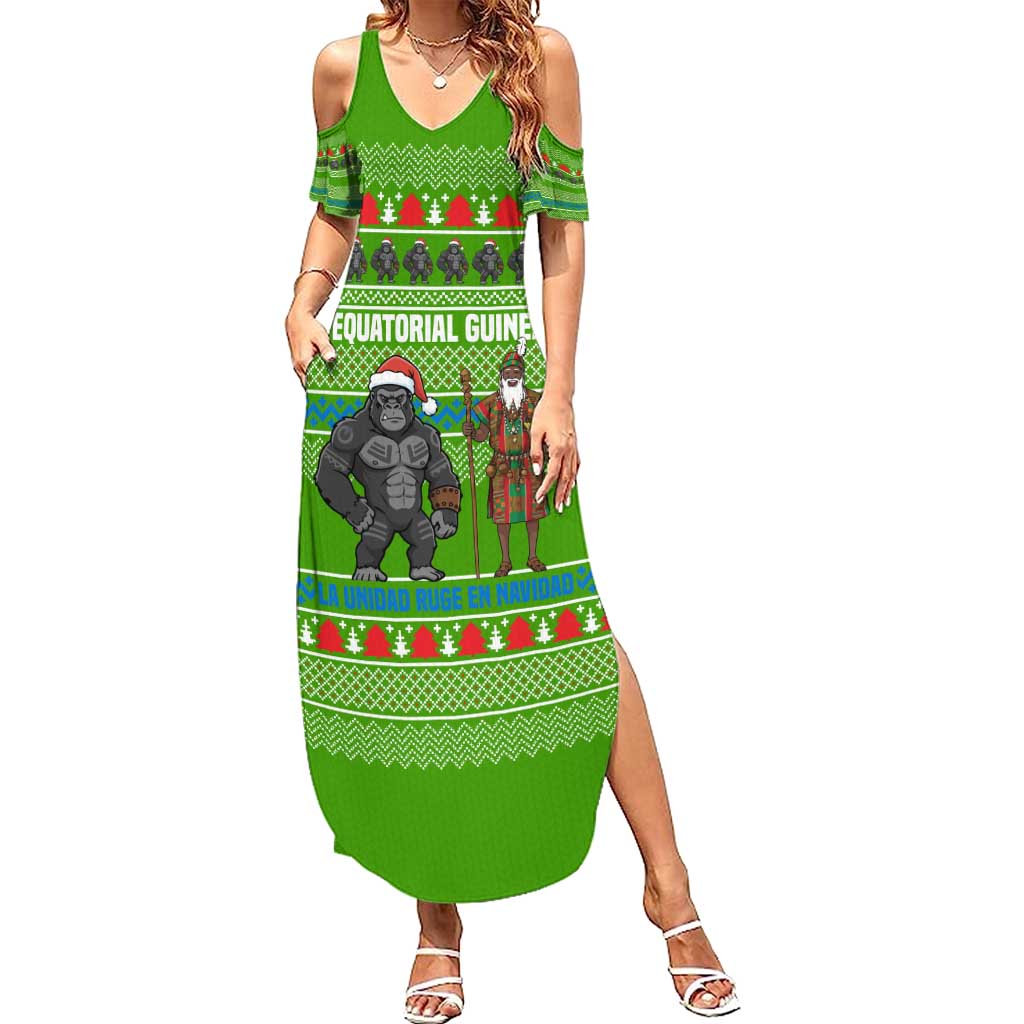 Equatorial Guinea Christmas Family Matching Summer Maxi Dress and Hawaiian Shirt with Santa Gorilla Gift Basket and Green Holiday Pattern Design - Wonder Print Shop