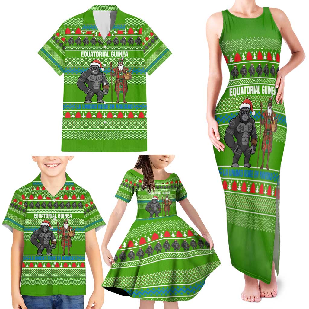 Equatorial Guinea Christmas Family Matching Tank Maxi Dress and Hawaiian Shirt with Santa Gorilla Gift Basket and Green Holiday Pattern Design - Wonder Print Shop