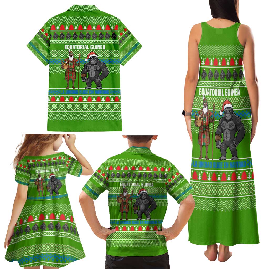 Equatorial Guinea Christmas Family Matching Tank Maxi Dress and Hawaiian Shirt with Santa Gorilla Gift Basket and Green Holiday Pattern Design - Wonder Print Shop