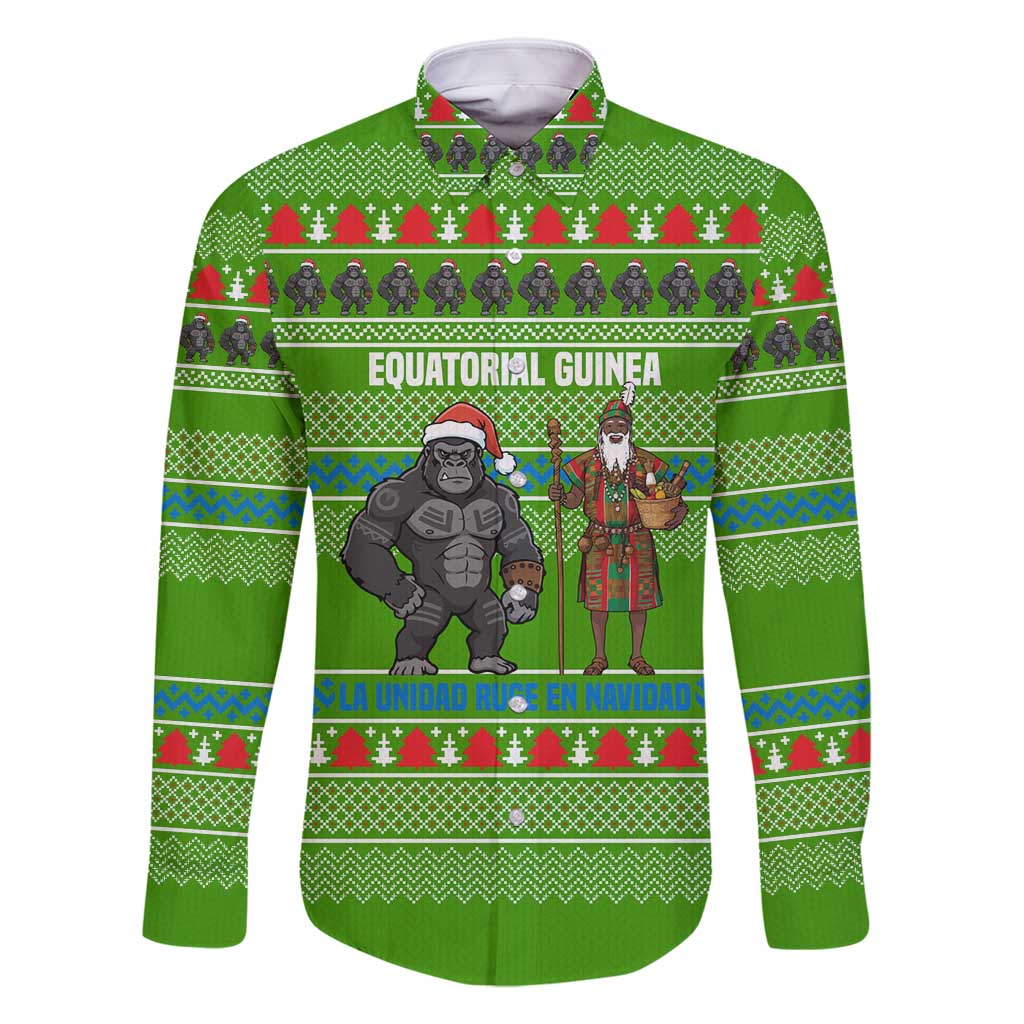 Equatorial Guinea Christmas Family Matching Tank Maxi Dress and Hawaiian Shirt with Santa Gorilla Gift Basket and Green Holiday Pattern Design - Wonder Print Shop